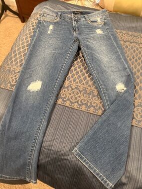 White House Black Market Light Blue Distressed Flare Jeans